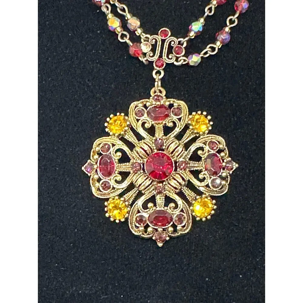 AVON Vintage Maltese Festoon Nina Ricci Necklace Rhinestone Medallion Red Gold - Picture 2 of 8